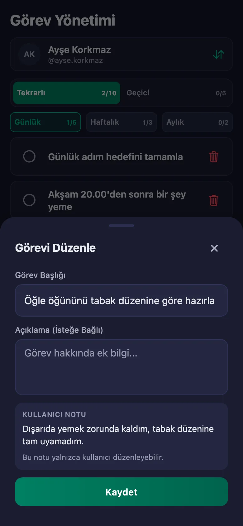 Öğünleri ve alışkanlıkları madde madde ekliyor, danışanın yazdığı notu aynı yerde görüyorsunuz.