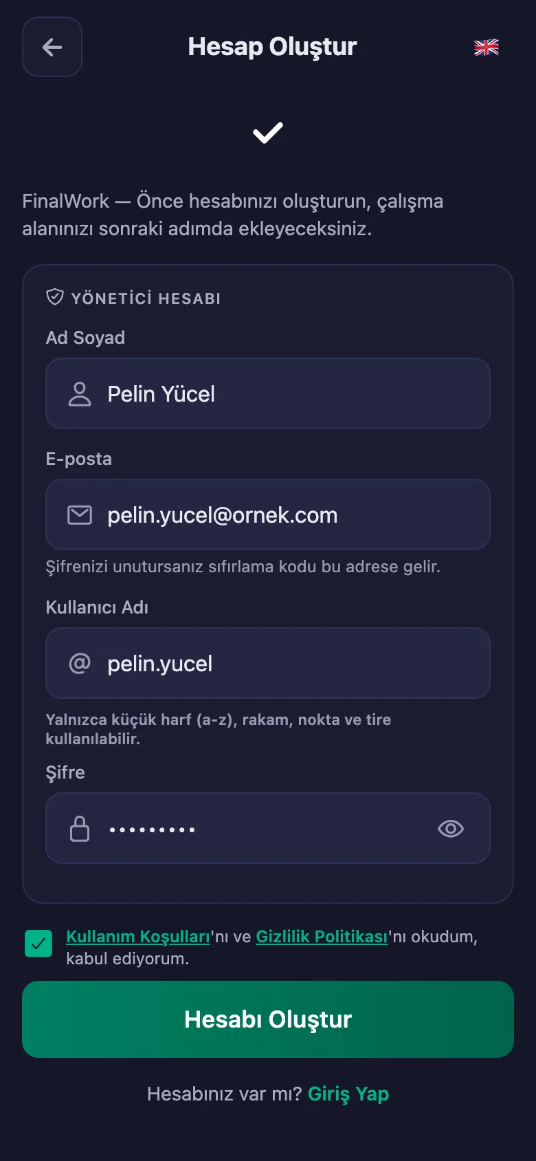 Ad, kullanıcı adı ve şifre. Başka bilgi istenmiyor.