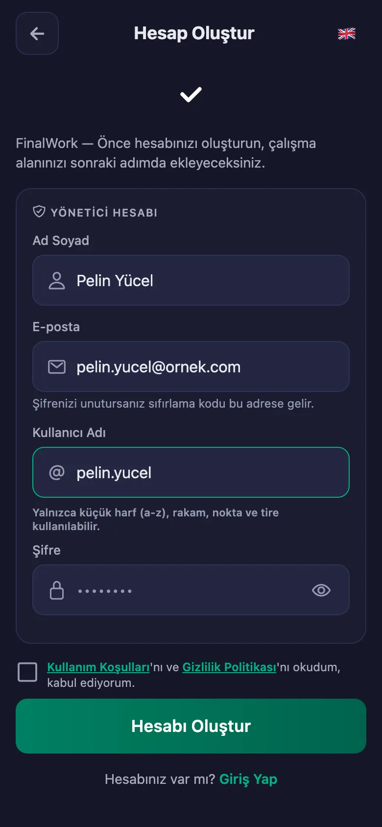 Ad, kullanıcı adı ve şifre. Başka bilgi istenmiyor.