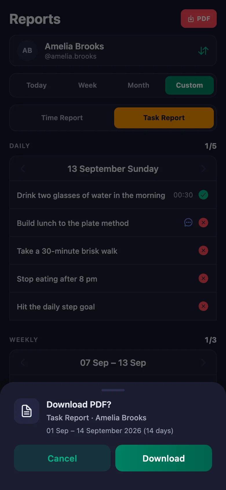 A day, a week, a month or a date range you pick yourself.