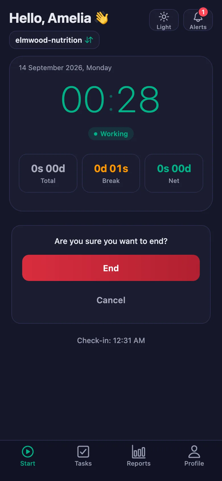 After you confirm, the day's total and net time appear.