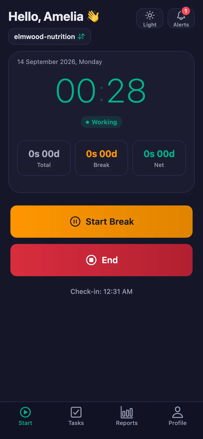 One tap; the timer starts running second by second.