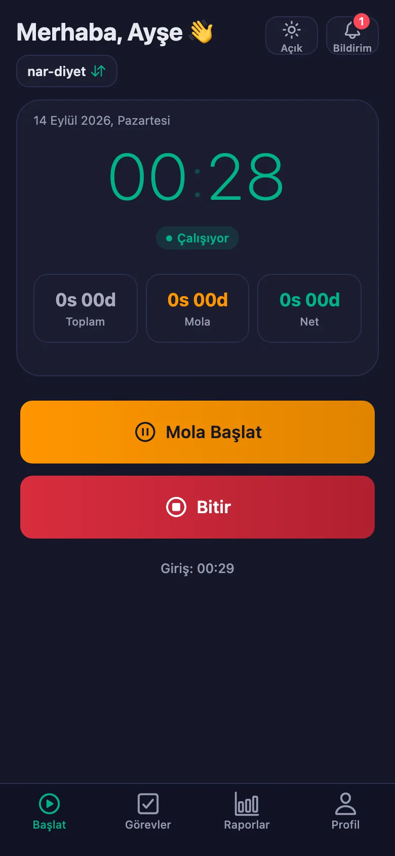 Tek dokunuş; süre saniye saniye işlemeye başlıyor.