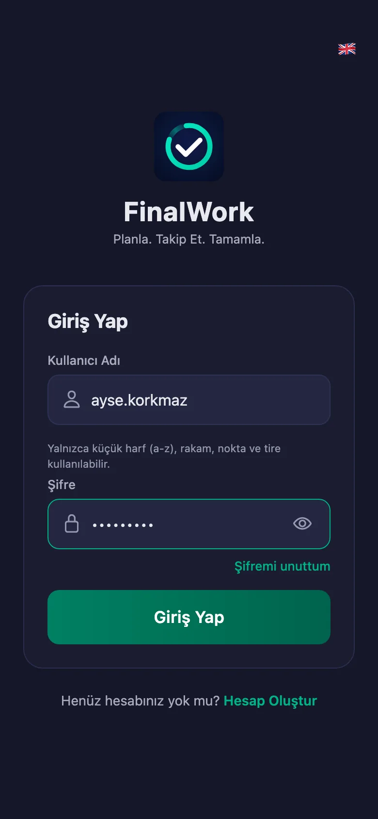 Diyetisyeninizin verdiği kullanıcı adı ve şifre yeterli.