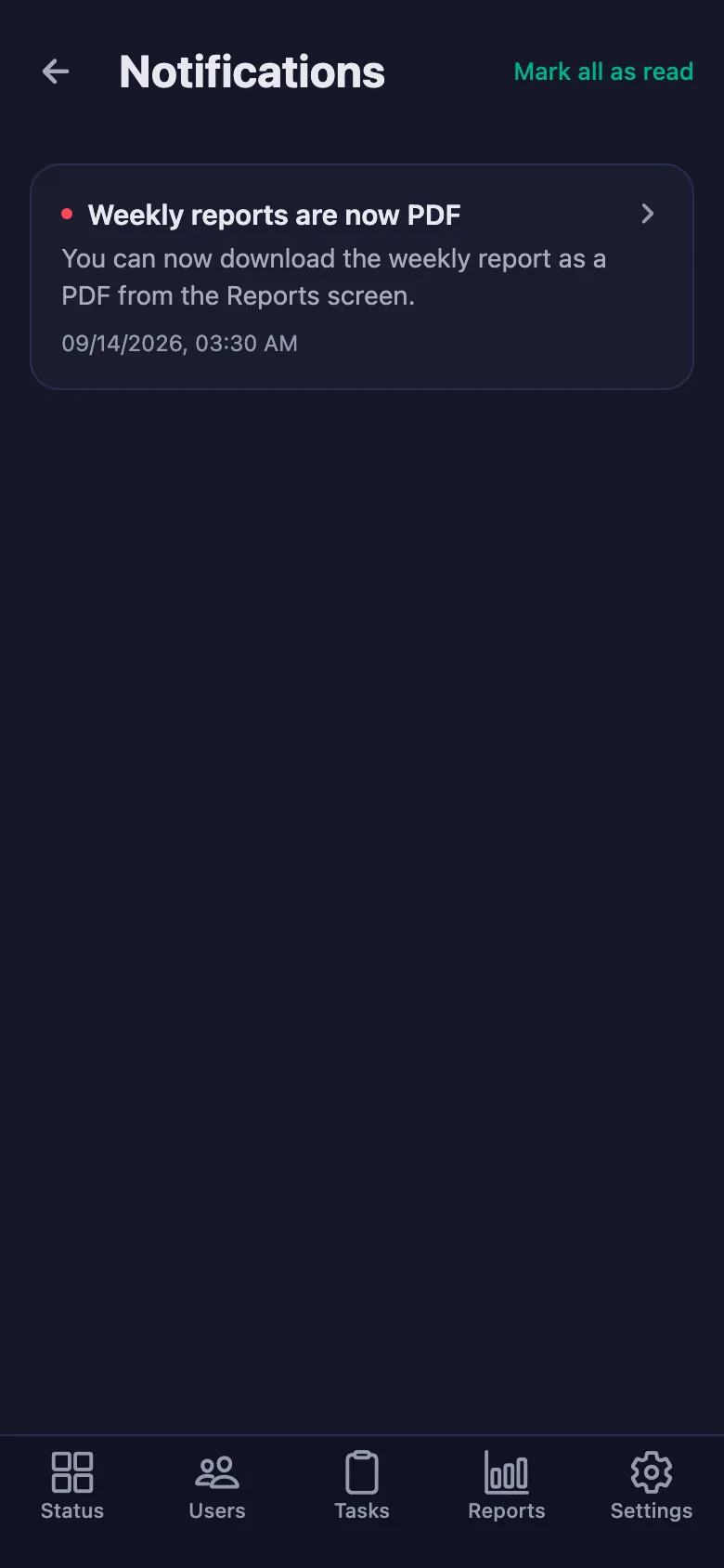 Download the report as a PDF; have shift starts pushed to Telegram.