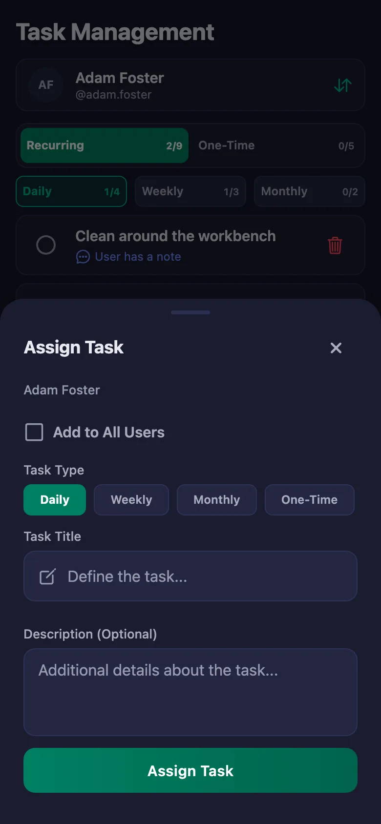 Daily, weekly, monthly and one-time tasks — to everyone at once if you like.