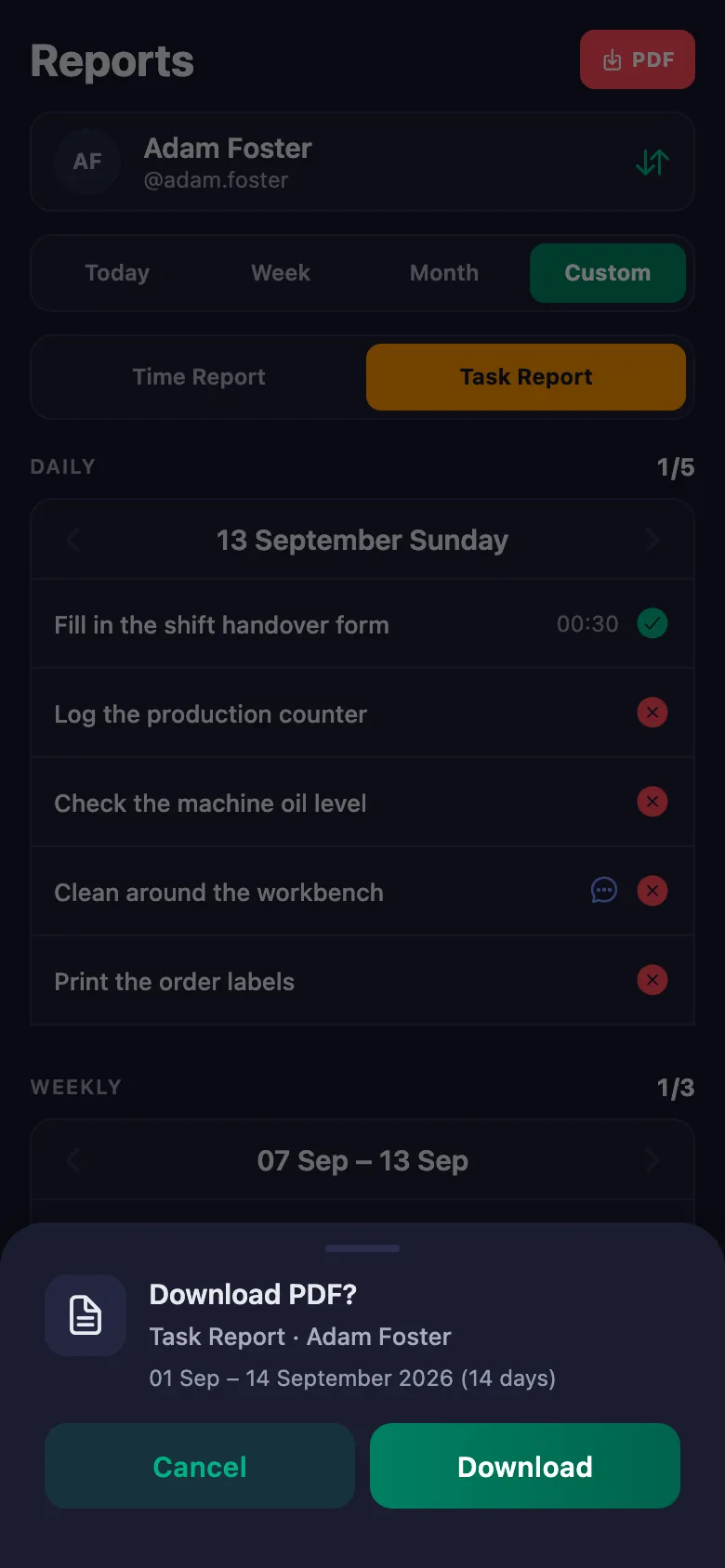 A day, a week, a month or a date range you pick yourself.