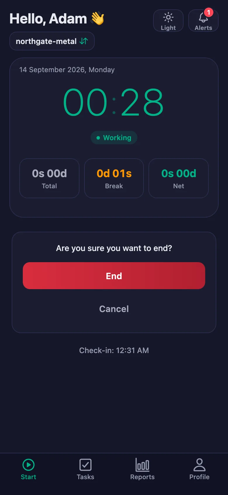 After you confirm, the day's total and net time appear.