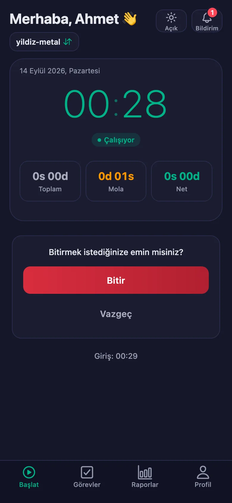 Onaydan sonra günün toplamı ve net süresi görünüyor.