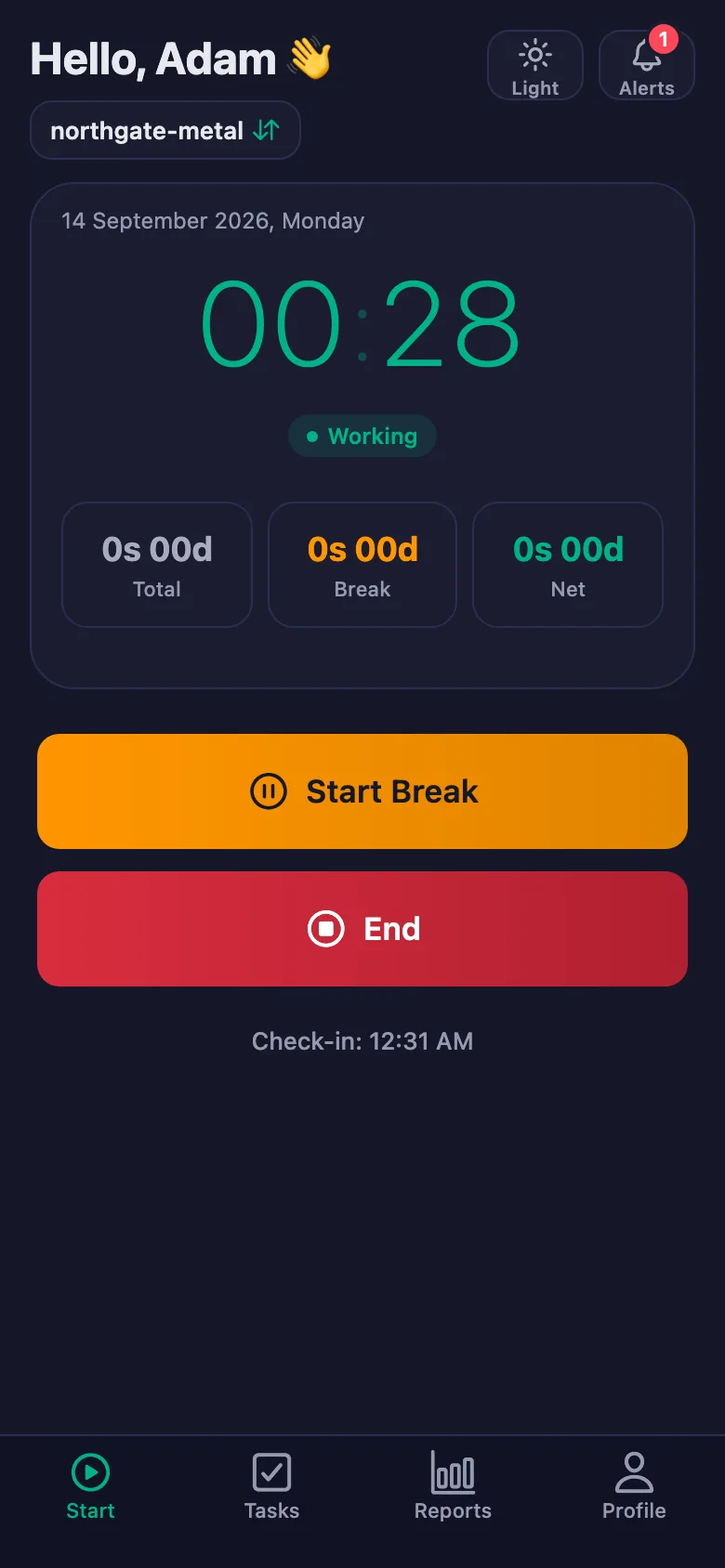 One tap; the timer starts running second by second.