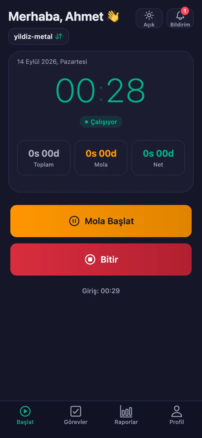 Tek dokunuş; süre saniye saniye işlemeye başlıyor.