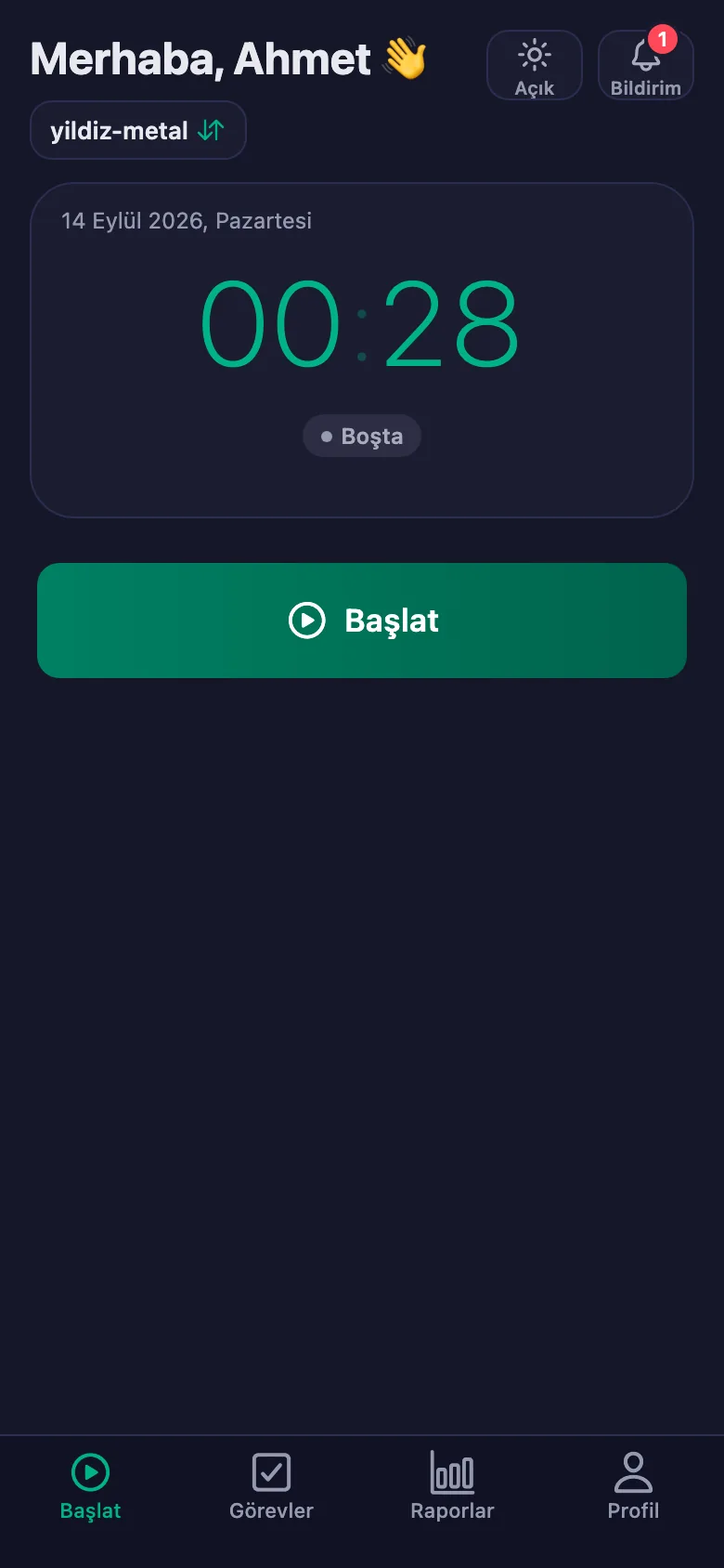 Onaydan sonra günün toplamı ve net süresi görünüyor.