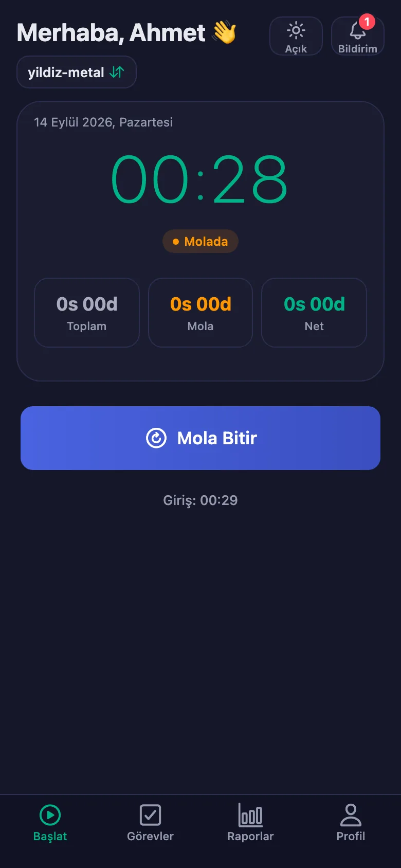 Mola ayrı sayılıyor ve net süreden düşülüyor.