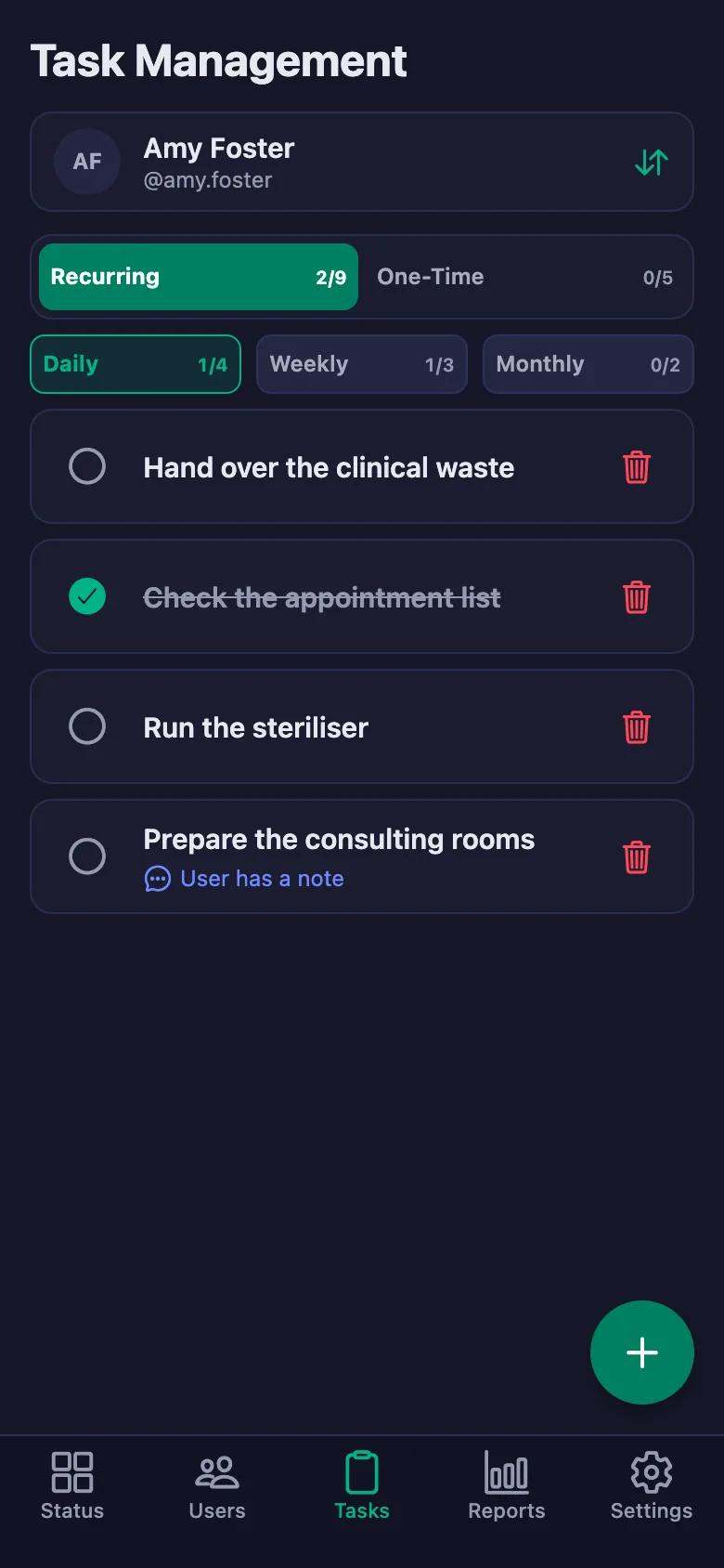 You add the daily checks one by one, and see your staff's note in the same place.