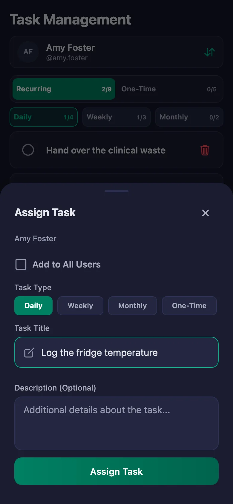You add the daily checks one by one, and see your staff's note in the same place.