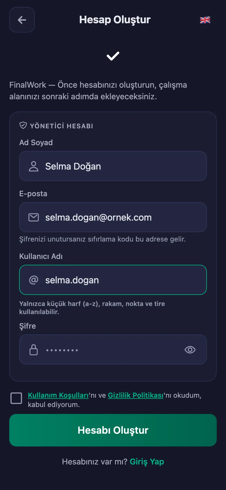 Ad, kullanıcı adı ve şifre. Başka bilgi istenmiyor.