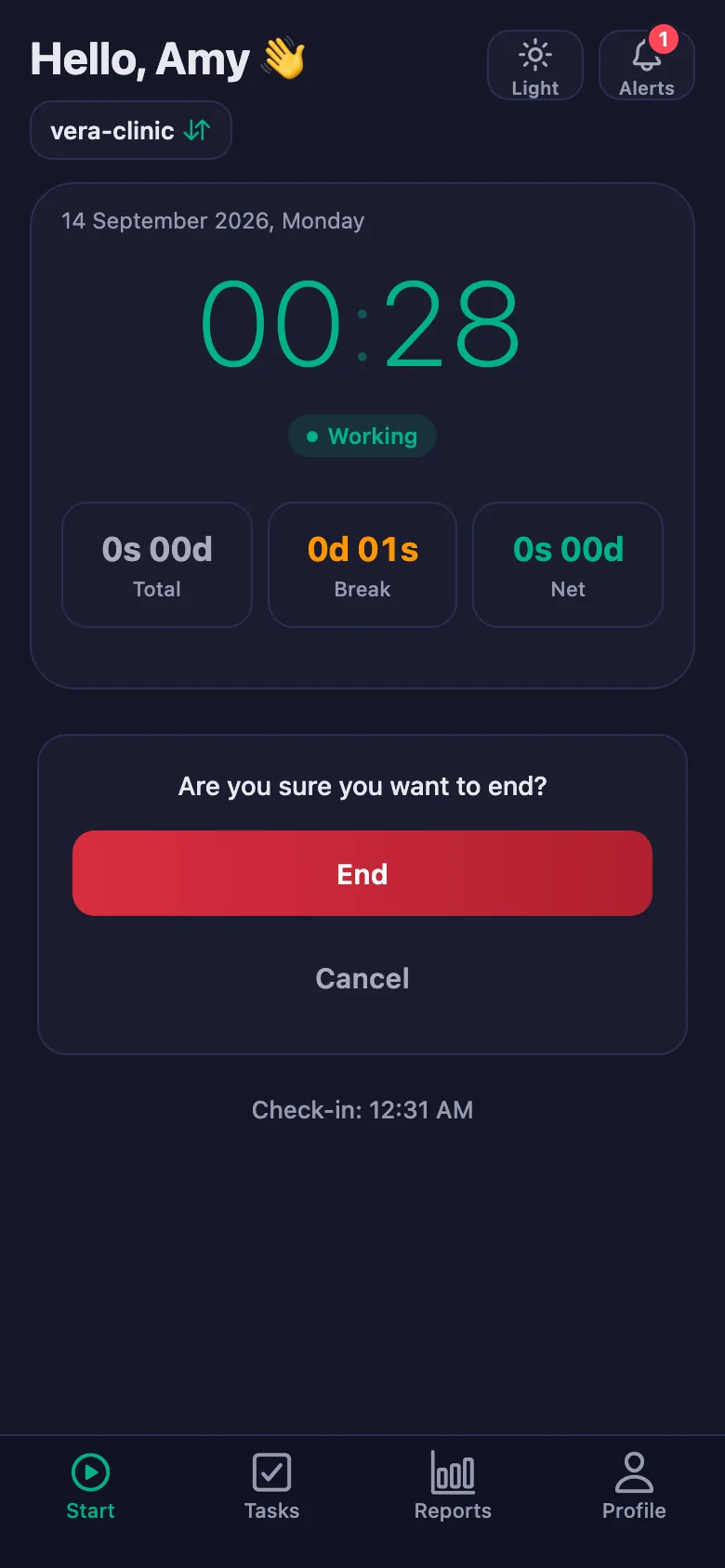 After you confirm, the day's total and net time appear.