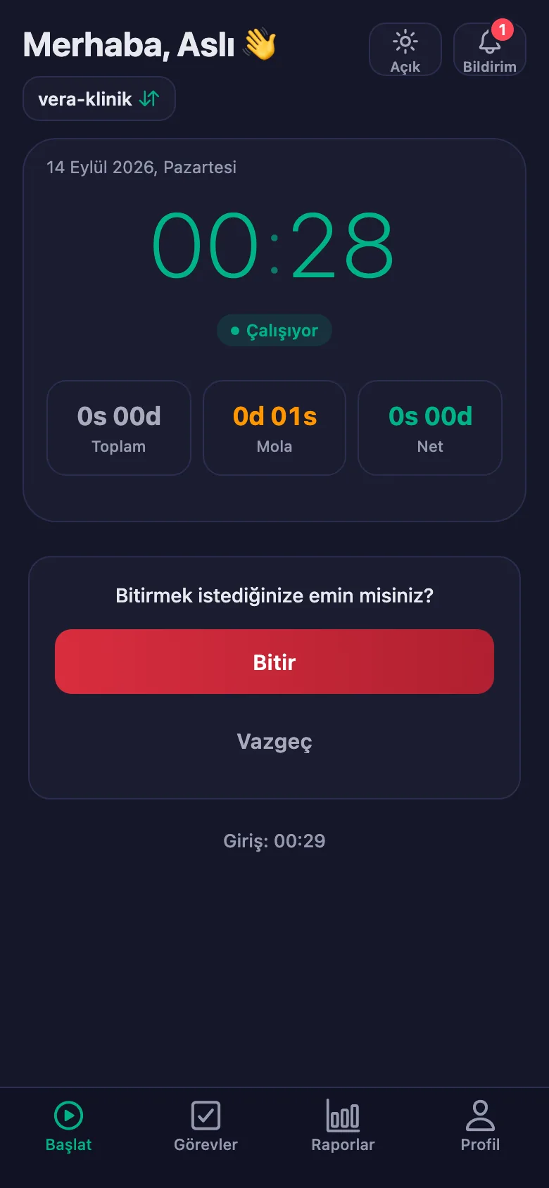 Onaydan sonra günün toplamı ve net süresi görünüyor.