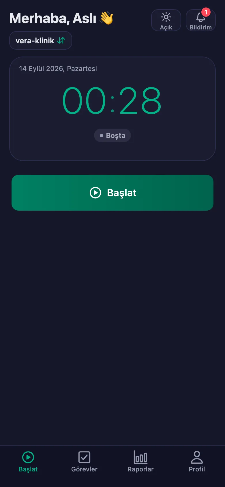 Tek dokunuş; süre saniye saniye işlemeye başlıyor.