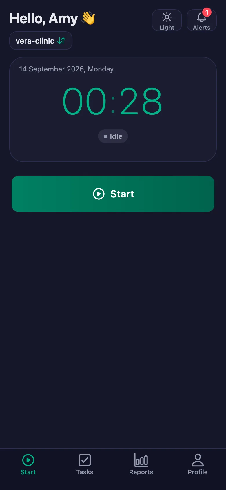 After you confirm, the day's total and net time appear.