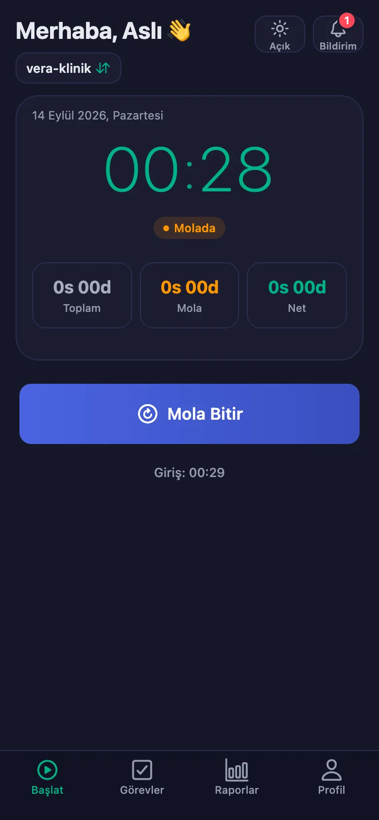 Mola ayrı sayılıyor ve net süreden düşülüyor.