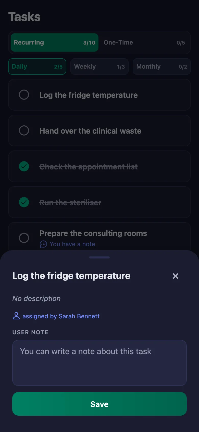 Which room, which device — a short note; the manager reads it but cannot change it.