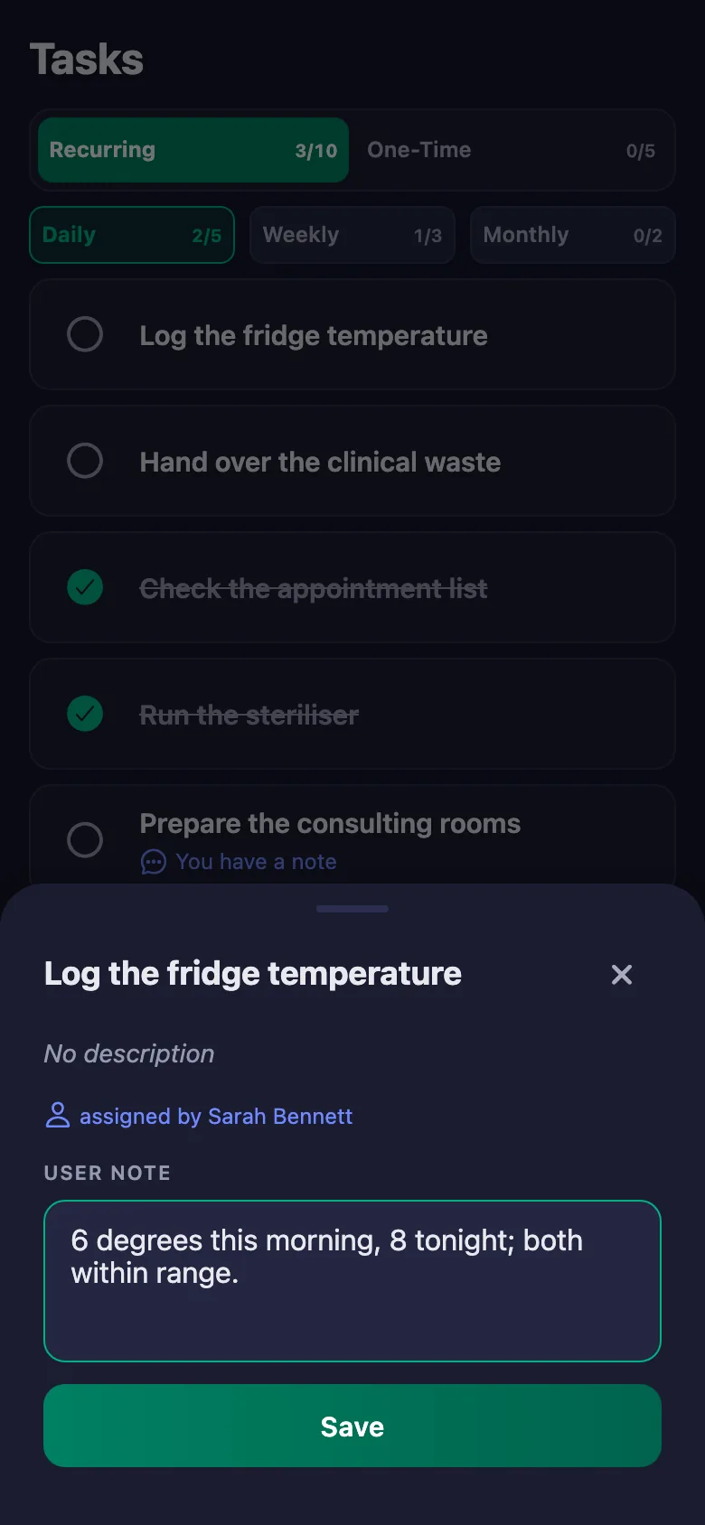 Which room, which device — a short note; the manager reads it but cannot change it.