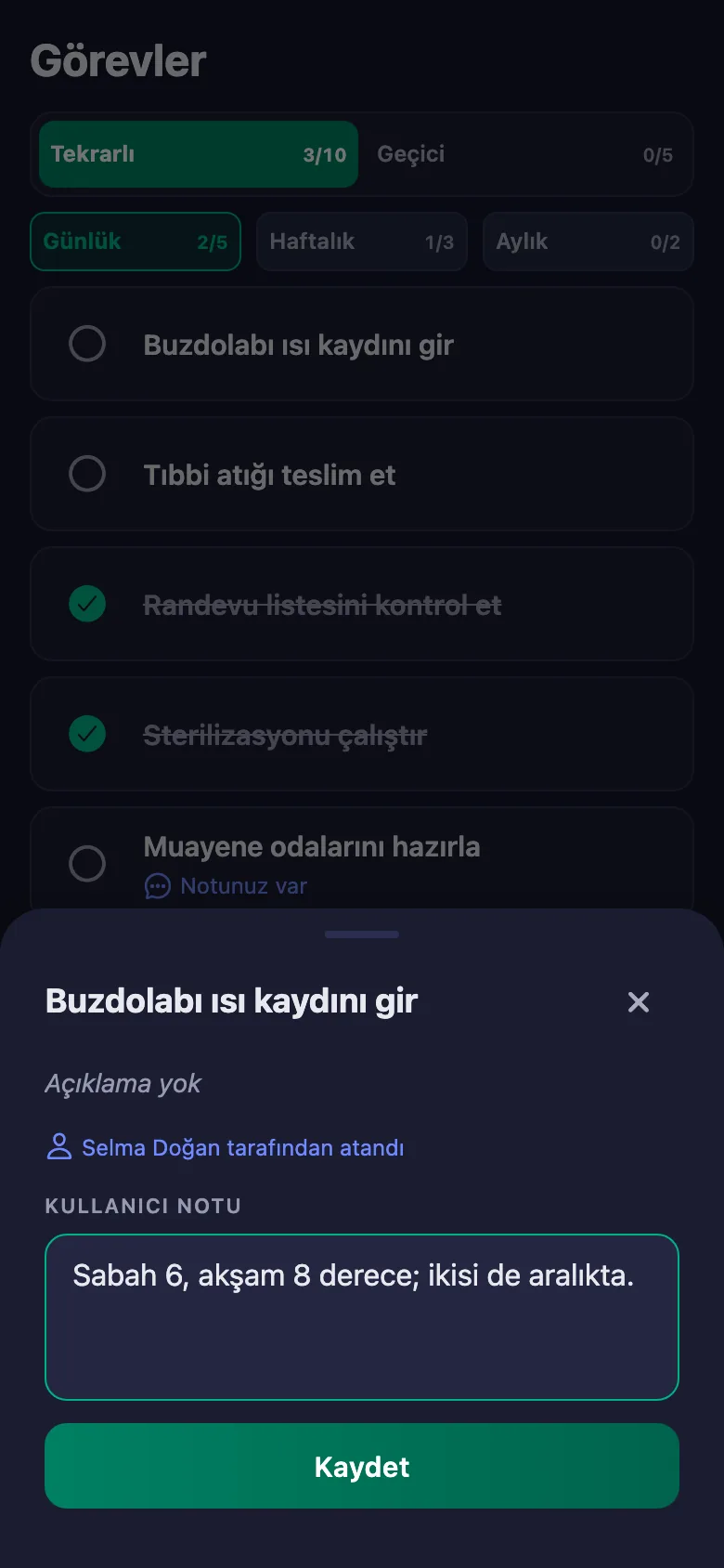 Hangi oda, hangi cihaz — kısa bir not; yönetici okuyor ama değiştiremiyor.
