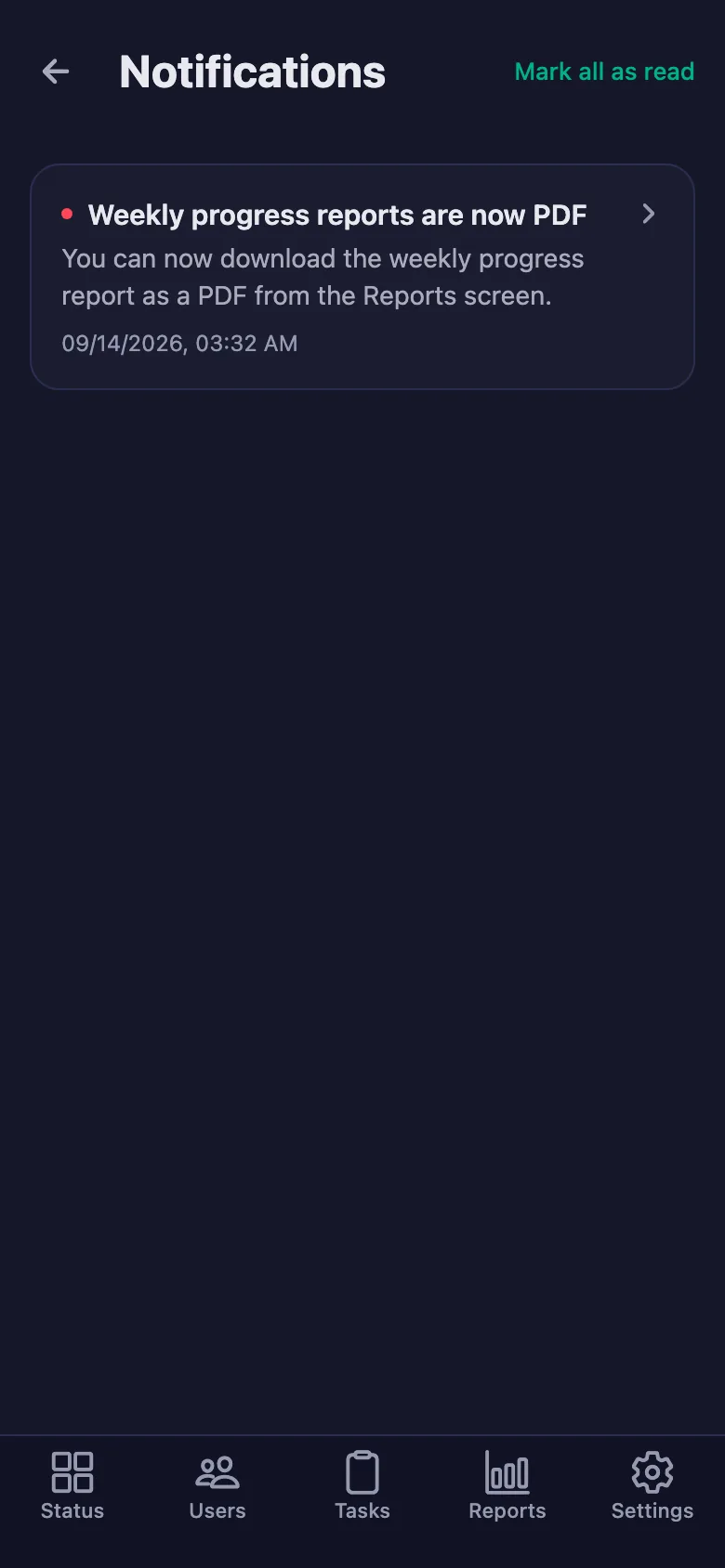 You download the report as a PDF; notifications can also go to Telegram if you want.