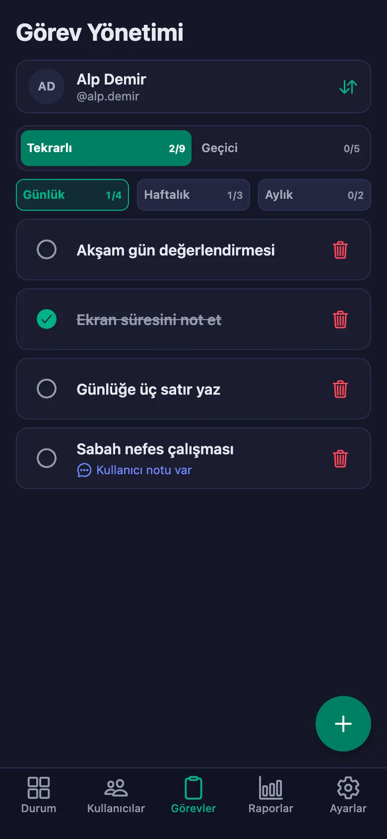 Seansta konuştuğunuz adımları madde madde ekliyor, danışanın notunu aynı yerde görüyorsunuz.
