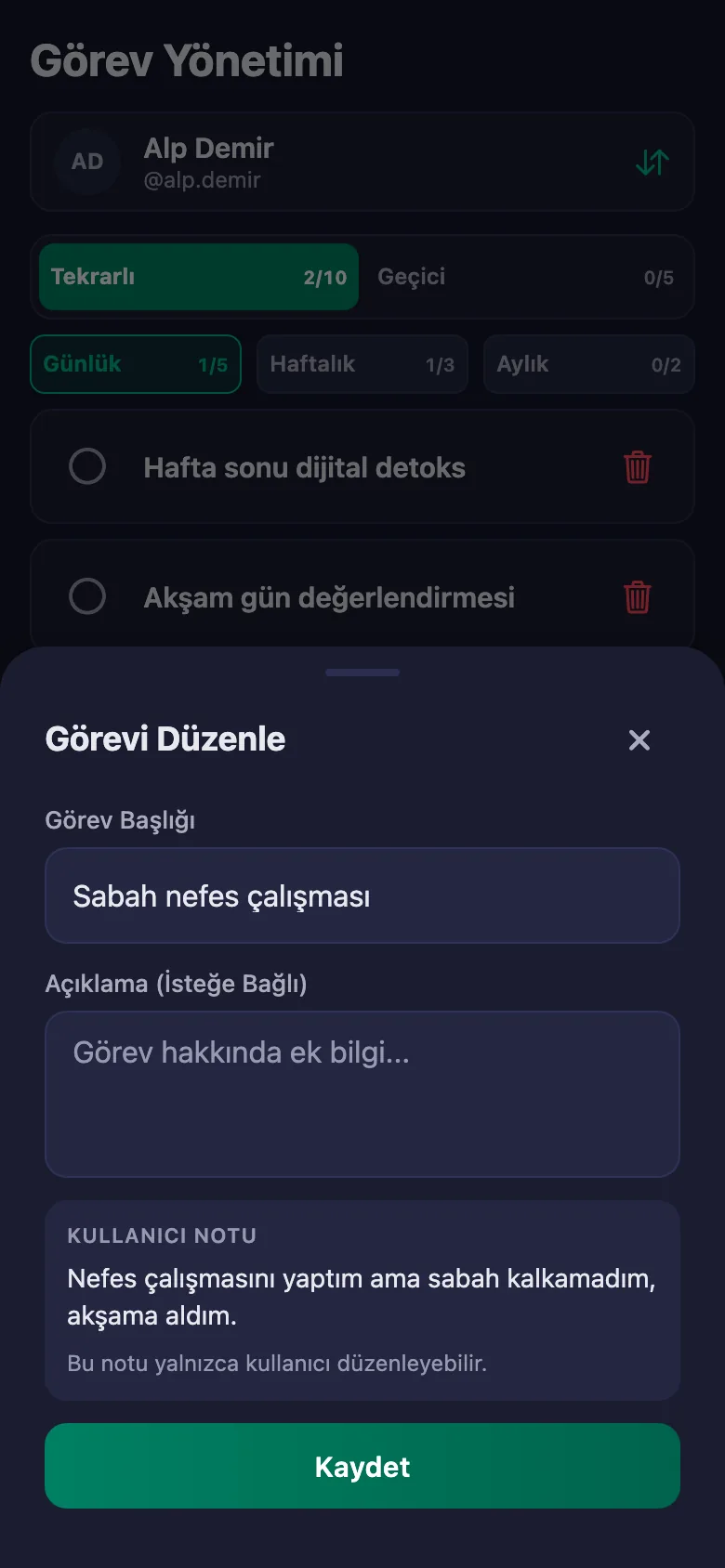 Seansta konuştuğunuz adımları madde madde ekliyor, danışanın notunu aynı yerde görüyorsunuz.