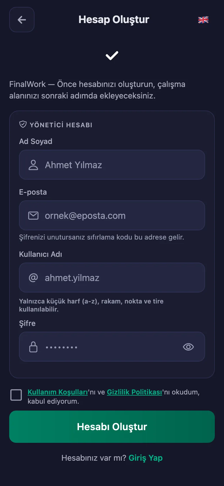 Ad, kullanıcı adı ve şifre. Başka bilgi istenmiyor.