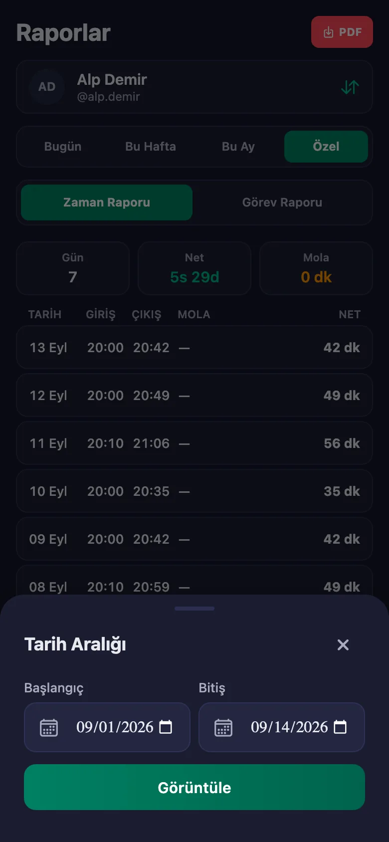Gün, hafta, ay ya da kendi seçtiğiniz tarih aralığı.