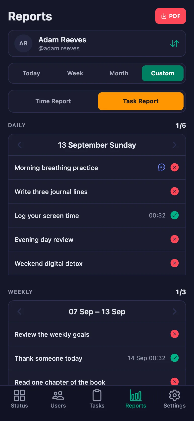 Day, week, month, or a date range you choose yourself.