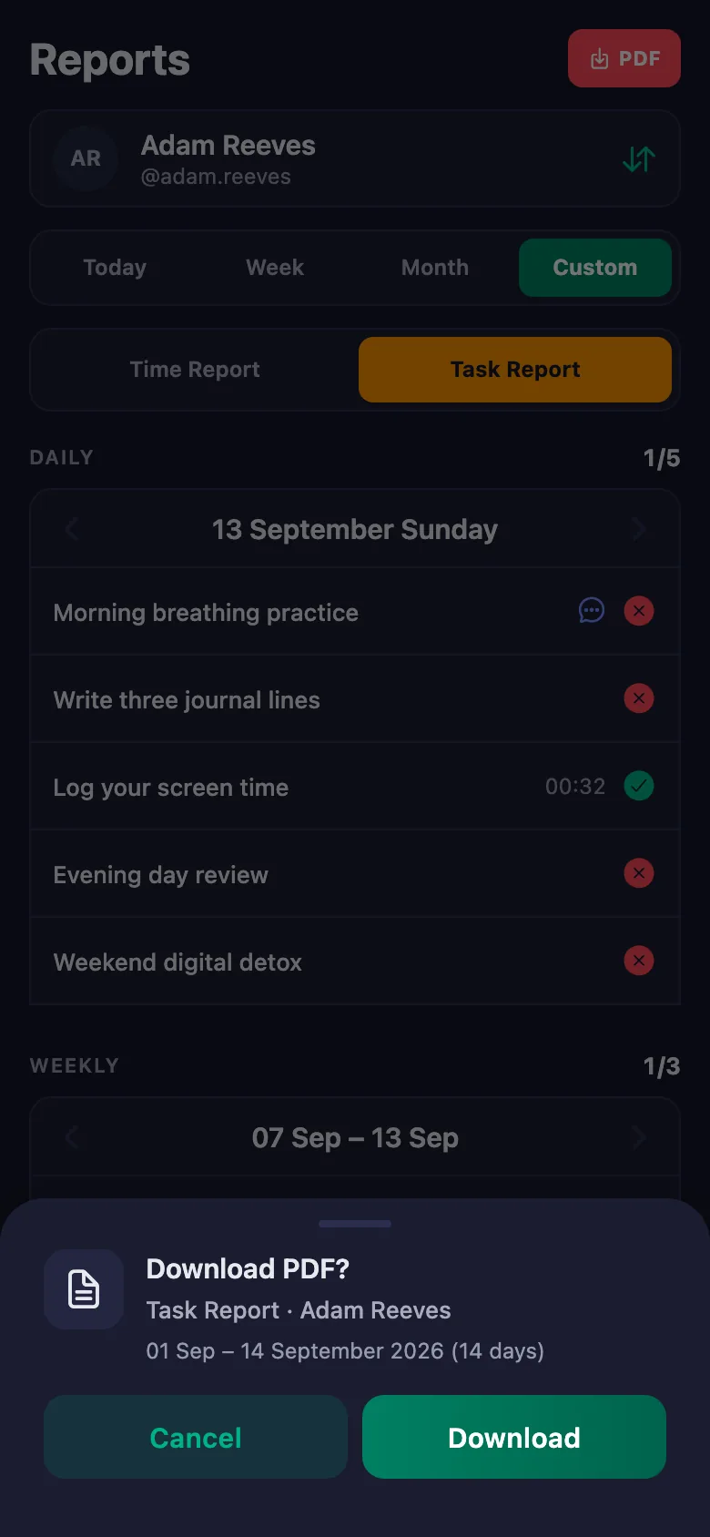 Day, week, month, or a date range you choose yourself.