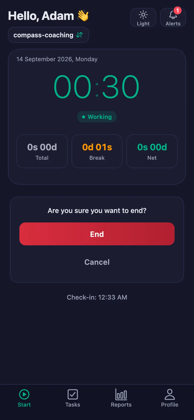 After you confirm, the day's total and net time appear.