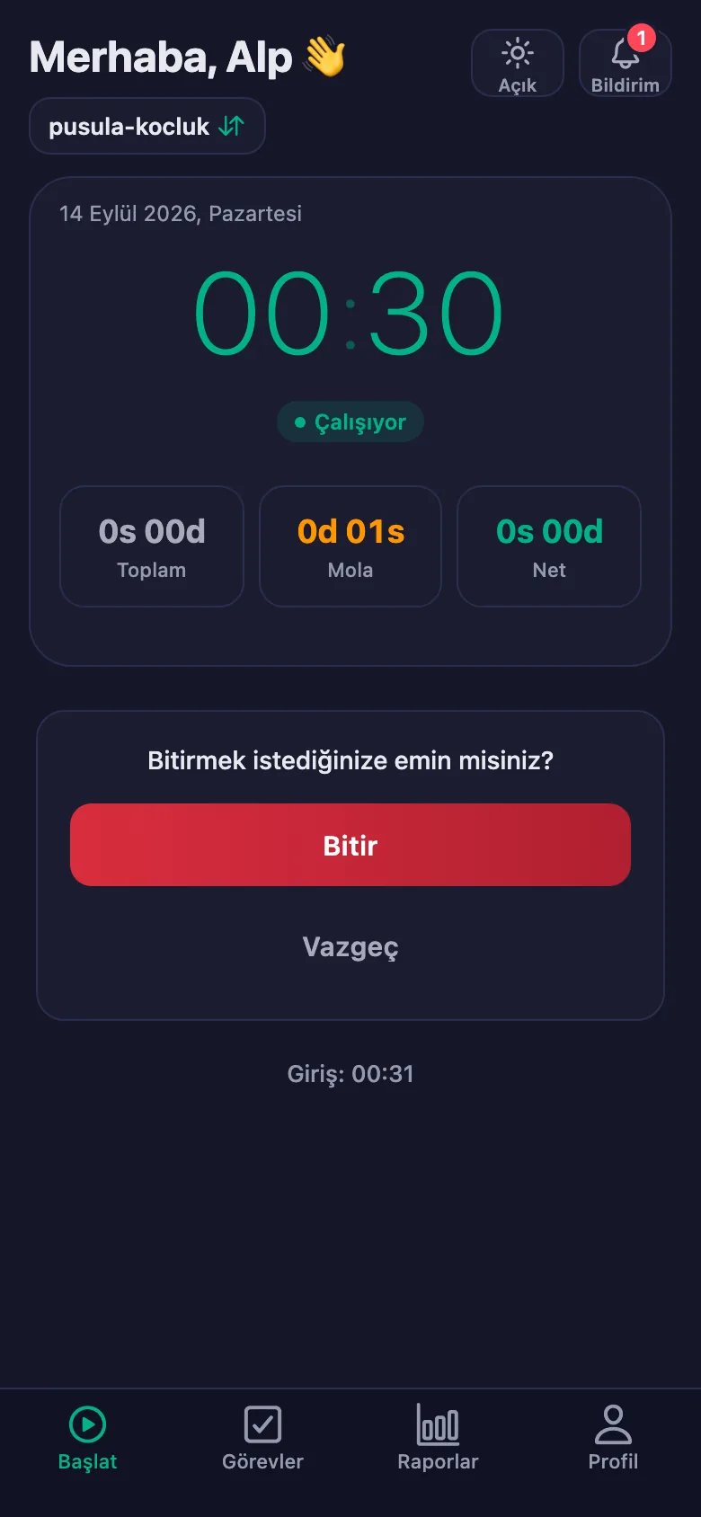Onaydan sonra günün toplamı ve net süresi görünüyor.