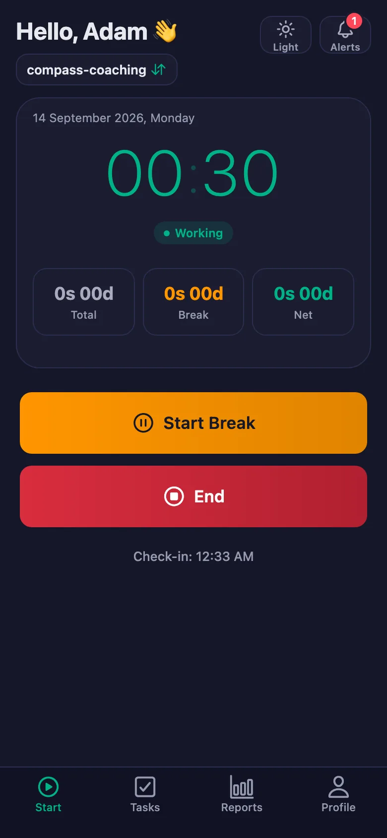 One tap; the timer starts running second by second.
