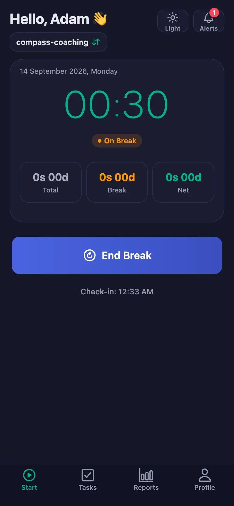 The break is counted separately and taken off the net time.