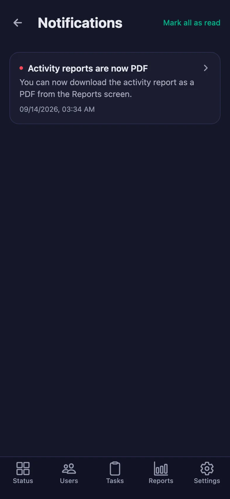 You download the activity report as a PDF; notifications can also go to Telegram if you want.