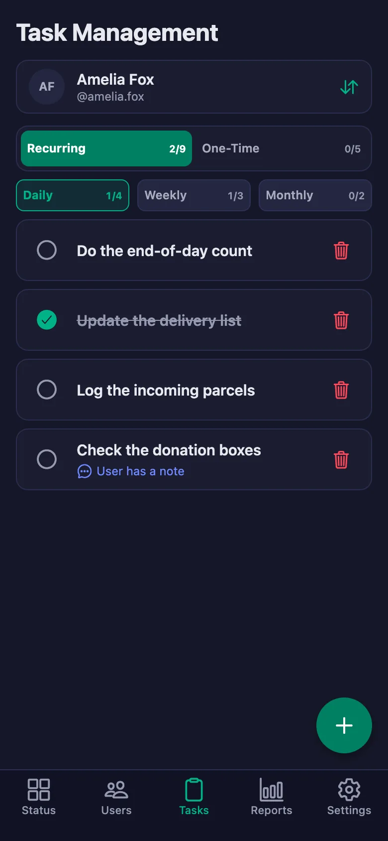 You add the field tasks one by one, and see the volunteer's note in the same place.
