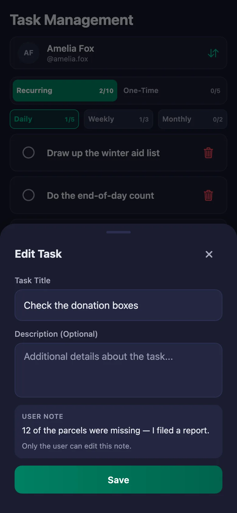 You add the field tasks one by one, and see the volunteer's note in the same place.