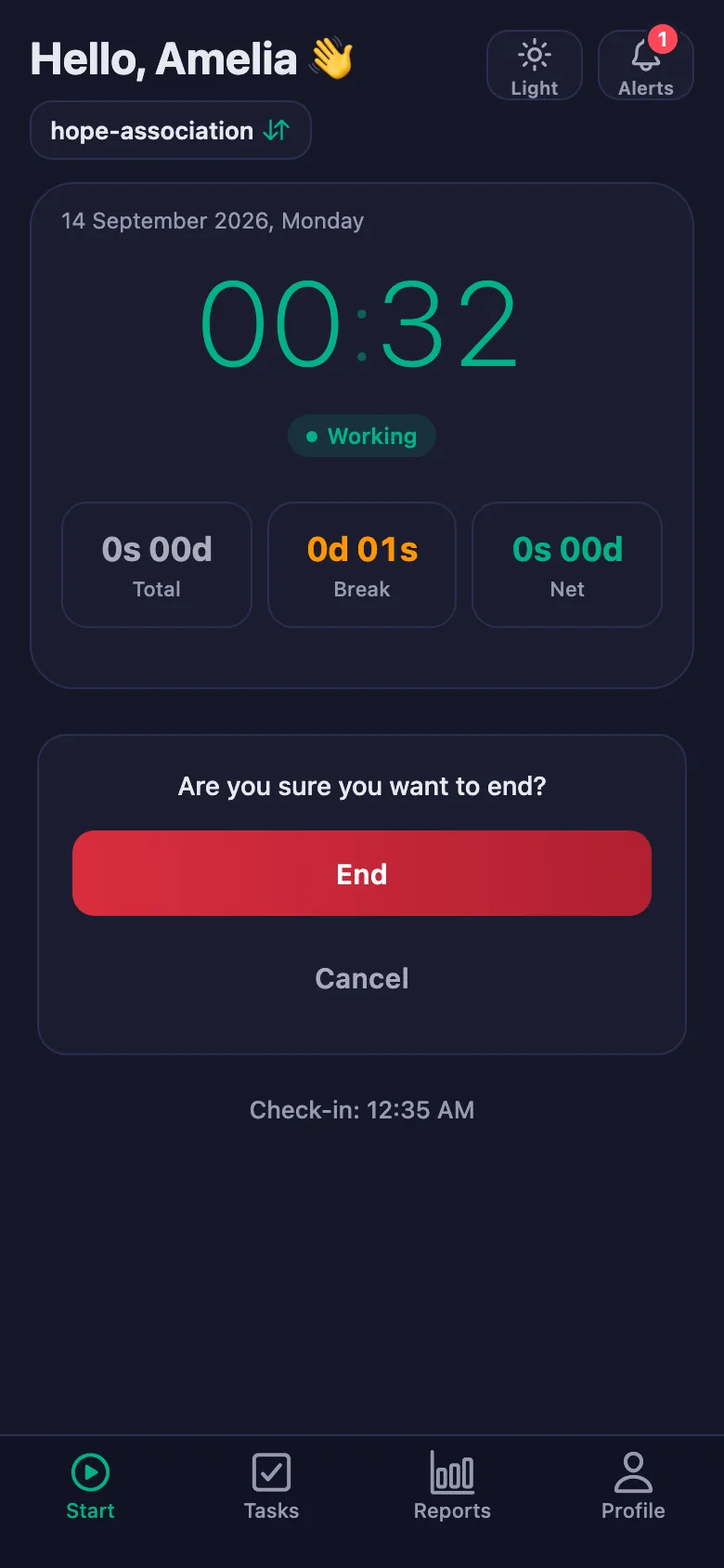 After you confirm, the day's total and net time appear.