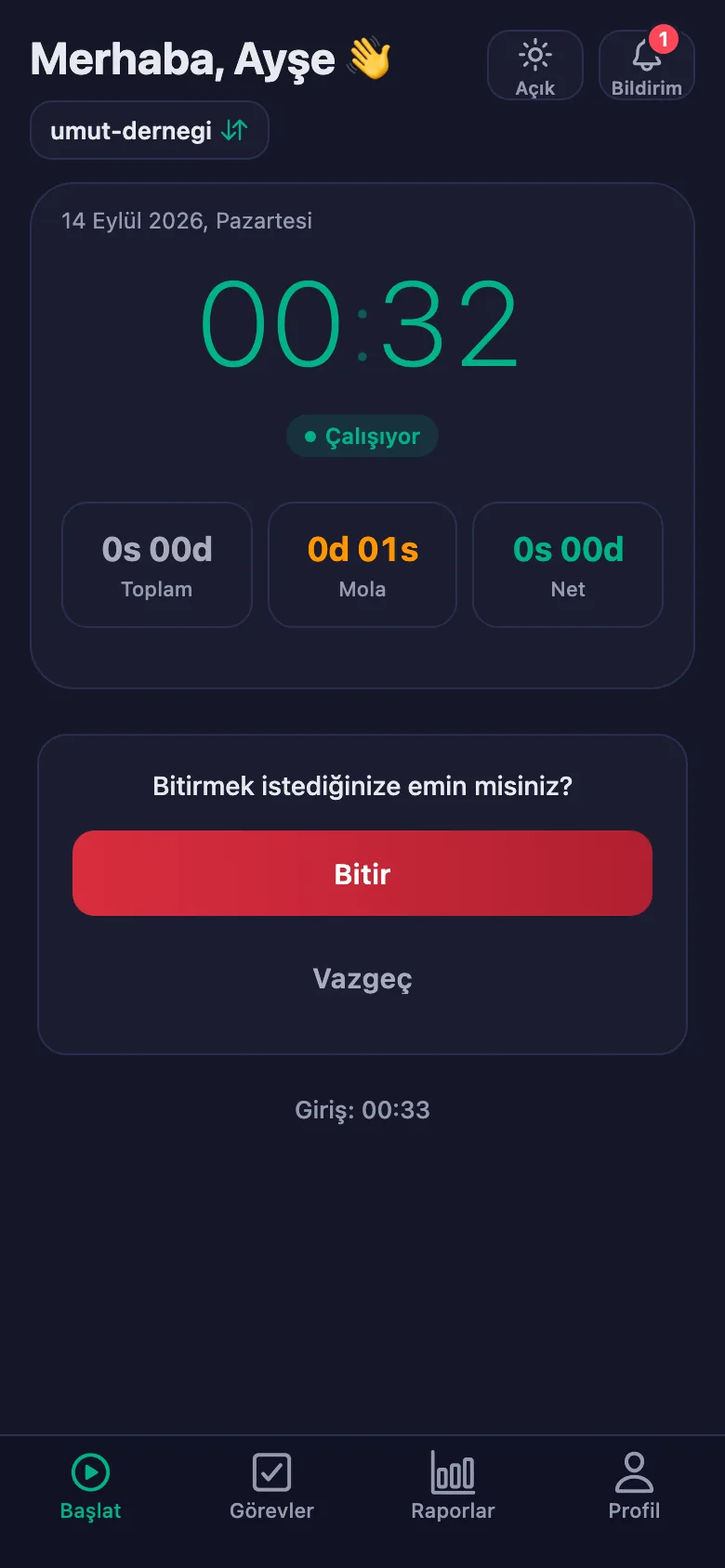 Onaydan sonra günün toplamı ve net süresi görünüyor.