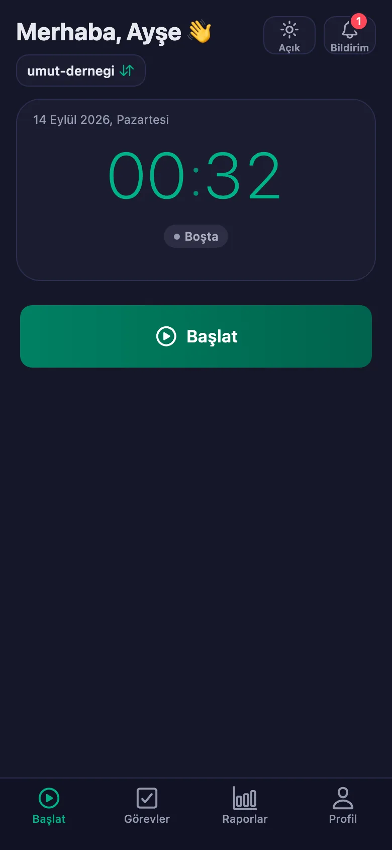 Tek dokunuş; süre saniye saniye işlemeye başlıyor.