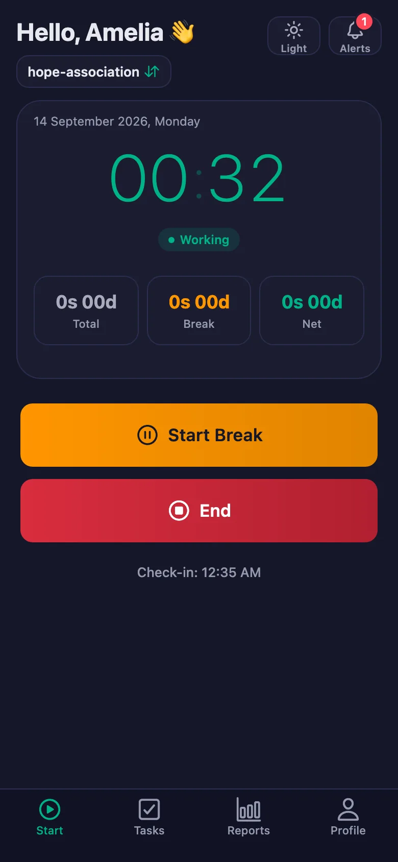 One tap; the timer starts running second by second.