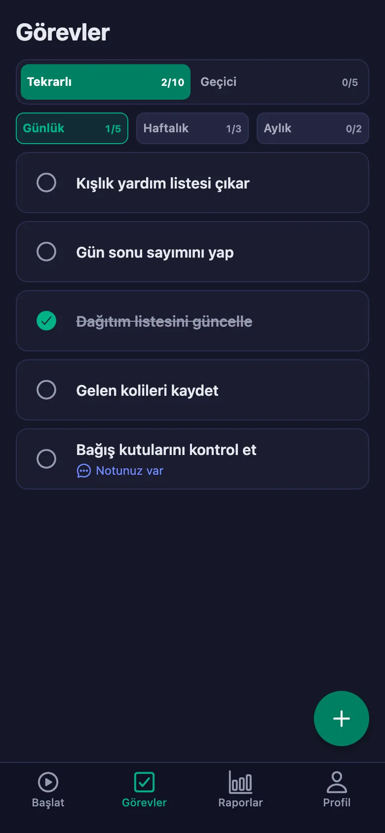 Günlük görevler her gün yeniden açılıyor.