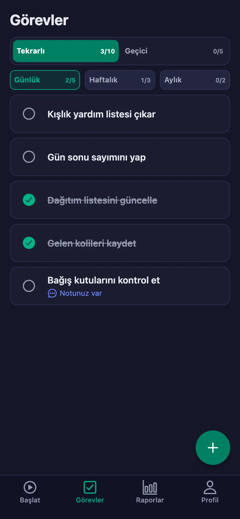 Günlük görevler her gün yeniden açılıyor.
