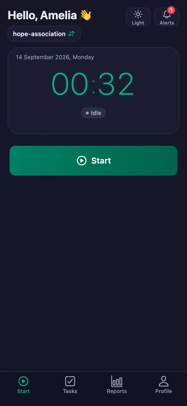After you confirm, the day's total and net time appear.