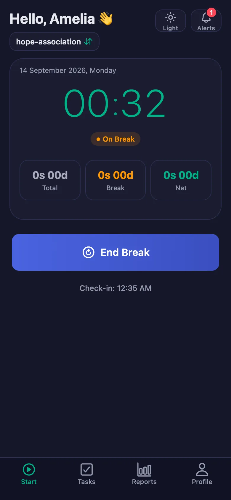 The break is counted separately and taken off the net time.